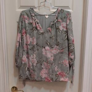 Autres Filles Women's 3/4 Sleeve Bubble Hem V-Neck Ruffle Floral Top Size 3X